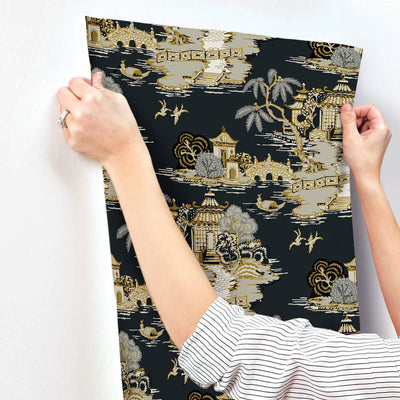 product image for Pagoda And Sampan Scenic Wallpaper in Black 51