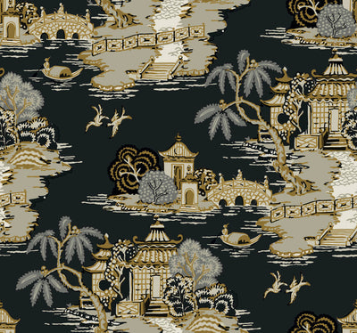 product image for Pagoda And Sampan Scenic Wallpaper in Black 0