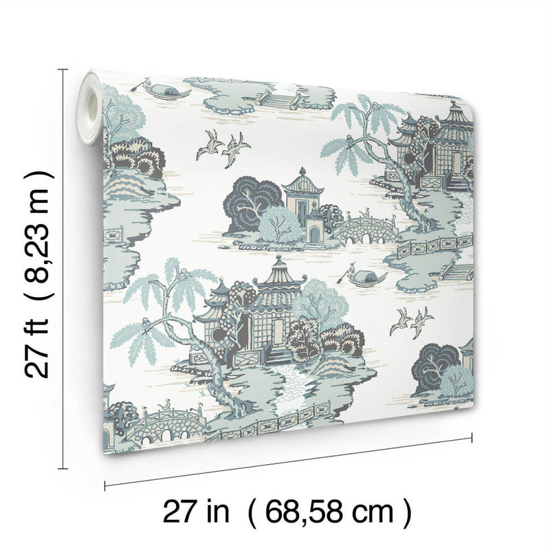 media image for Pagoda And Sampan Scenic Wallpaper in Seamist 295