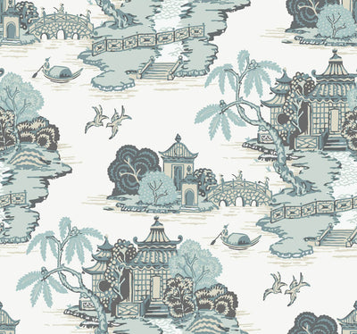 product image for Pagoda And Sampan Scenic Wallpaper in Seamist 57