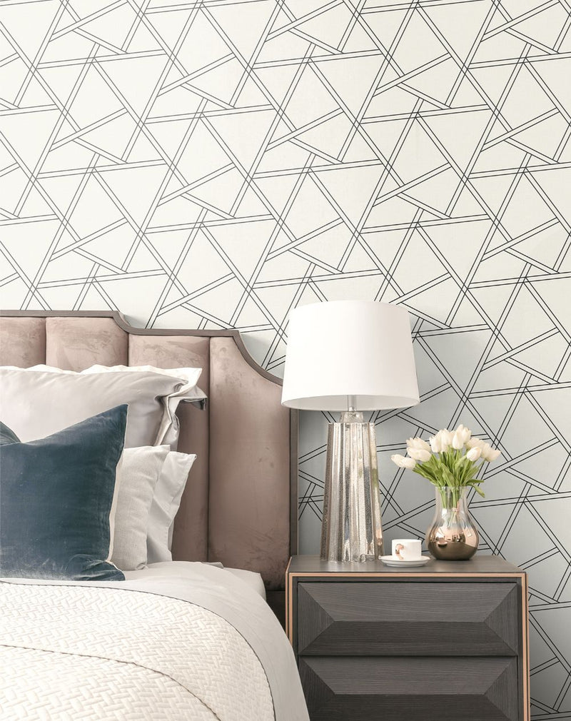 media image for Railroad Geometric Peel-and-Stick Wallpaper in Pearl Shimmer and Ebony by NextWall 257