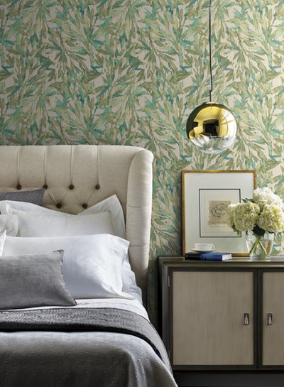 product image of Rainforest Leaves Wallpaper in Teal and Greens from the Natural Opalescence Collection by Antonina Vella for York Wallcoverings 597
