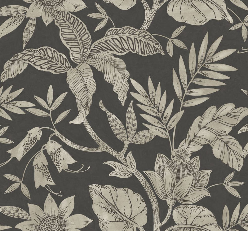 media image for Rainforest Leaves Wallpaper in Brushed Ebony and Stone from the Boho Rhapsody Collection by Seabrook Wallcoverings 268