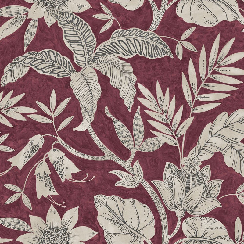 media image for Rainforest Leaves Wallpaper in Cranberry and Stone from the Boho Rhapsody Collection by Seabrook Wallcoverings 271