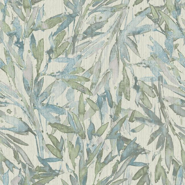 media image for Rainforest Leaves Wallpaper in Light Blue and Muted Green from the Natural Opalescence Collection by Antonina Vella for York Wallcoverings 273