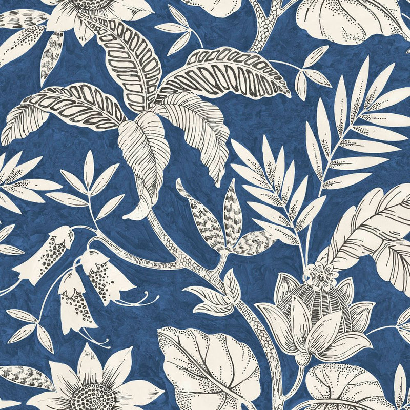 media image for Rainforest Leaves Wallpaper in Sapphire and Brushed Ebony from the Boho Rhapsody Collection by Seabrook Wallcoverings 23