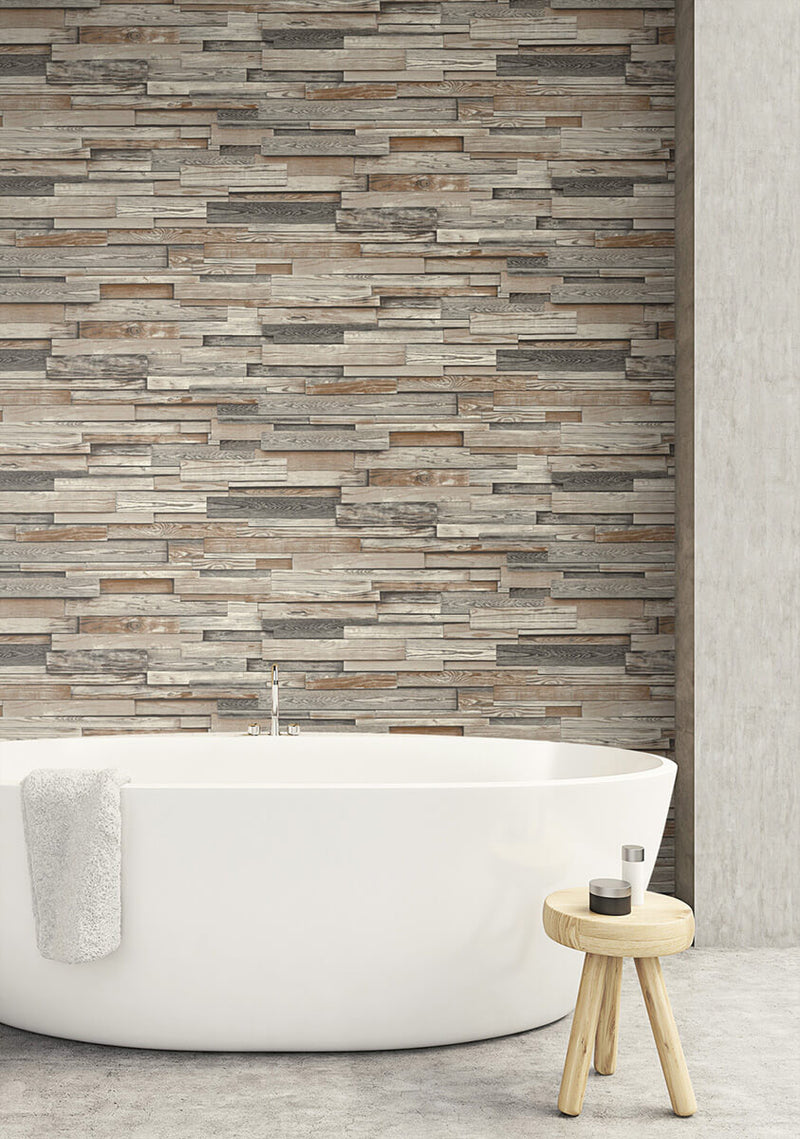 media image for Reclaimed Wood Plank Peel-and-Stick Wallpaper in Charcoal and Brown by NextWall 224
