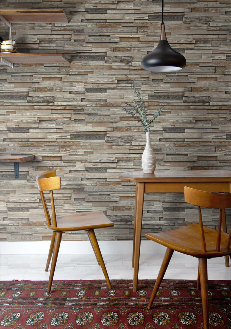 media image for Reclaimed Wood Plank Peel-and-Stick Wallpaper in Charcoal and Brown by NextWall 299