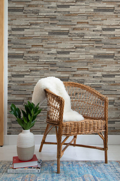 product image for Reclaimed Wood Plank Peel-and-Stick Wallpaper in Charcoal and Brown by NextWall 58
