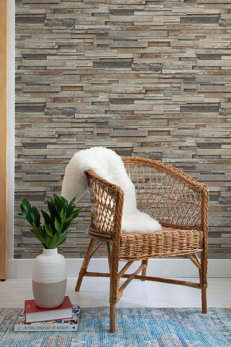 media image for Reclaimed Wood Plank Peel-and-Stick Wallpaper in Charcoal and Brown by NextWall 237
