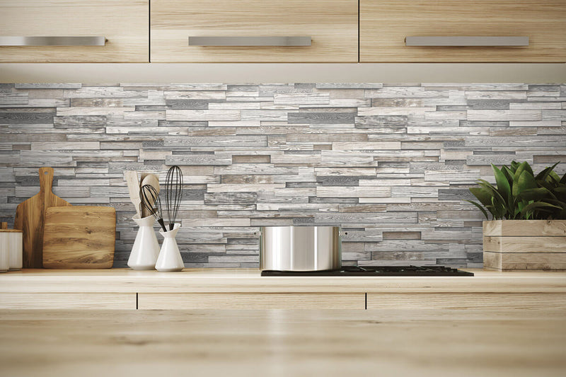 media image for Reclaimed Wood Plank Peel-and-Stick Wallpaper in Light Grey and Brown by NextWall 241