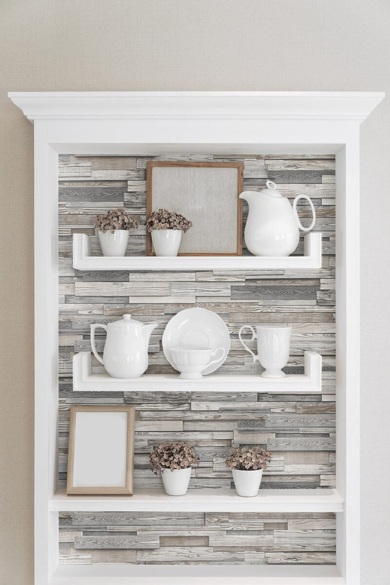 media image for Reclaimed Wood Plank Peel-and-Stick Wallpaper in Light Grey and Brown by NextWall 215
