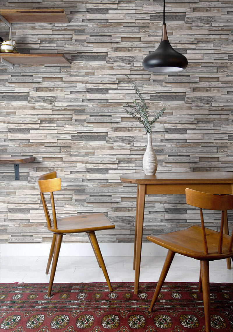 media image for Reclaimed Wood Plank Peel-and-Stick Wallpaper in Light Grey and Brown by NextWall 280