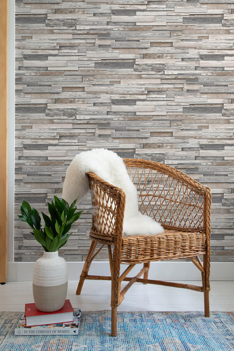 media image for Reclaimed Wood Plank Peel-and-Stick Wallpaper in Light Grey and Brown by NextWall 245