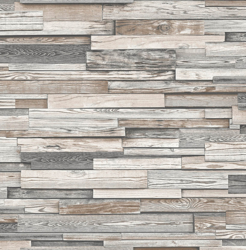 media image for Reclaimed Wood Plank Peel-and-Stick Wallpaper in Light Grey and Brown by NextWall 292