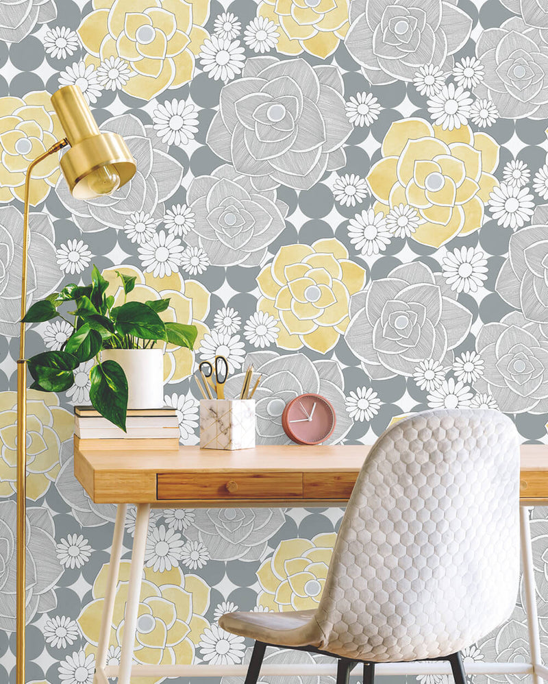 media image for Retro Floral Peel-and-Stick Wallpaper in Yellow and Grey by NextWall 249