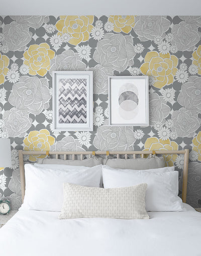 product image for Retro Floral Peel-and-Stick Wallpaper in Yellow and Grey by NextWall 86