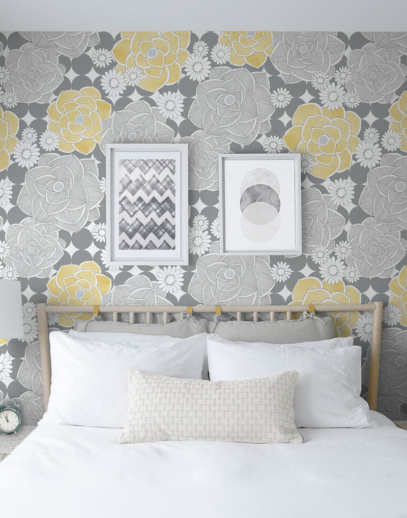 media image for Retro Floral Peel-and-Stick Wallpaper in Yellow and Grey by NextWall 294