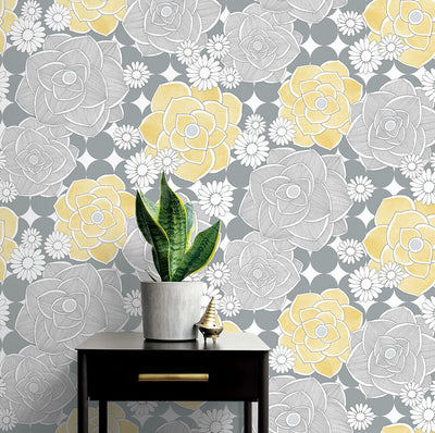product image for Retro Floral Peel-and-Stick Wallpaper in Yellow and Grey by NextWall 79