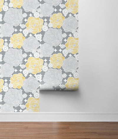 product image for Retro Floral Peel-and-Stick Wallpaper in Yellow and Grey by NextWall 39