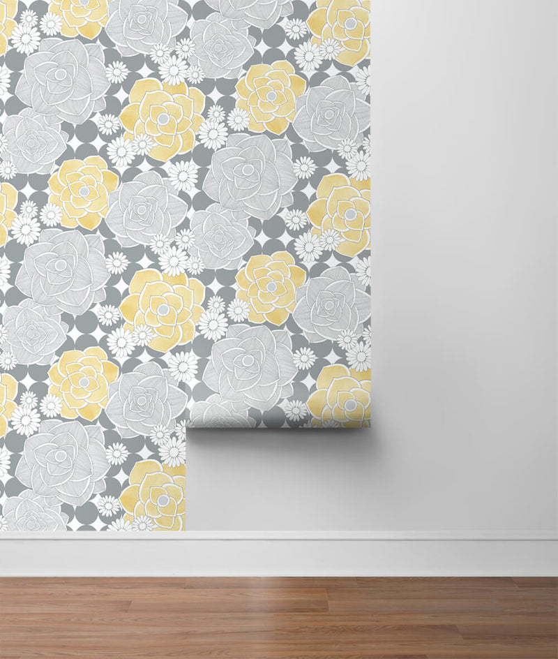 media image for Retro Floral Peel-and-Stick Wallpaper in Yellow and Grey by NextWall 218