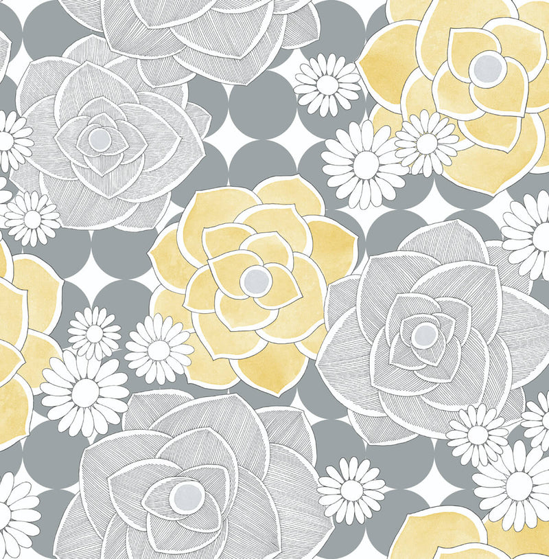 media image for Retro Floral Peel-and-Stick Wallpaper in Yellow and Grey by NextWall 263