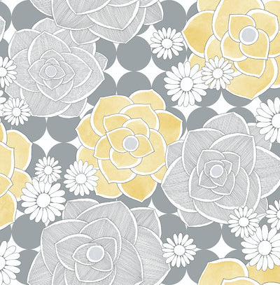 product image of sample retro floral peel and stick wallpaper in yellow and grey by nextwall 1 558