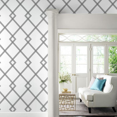 product image for Ribbon Stripe Trellis Wallpaper in Black and White from the Conservatory Collection by York Wallcoverings 13