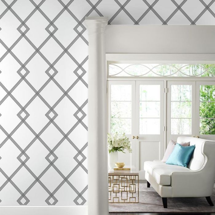 media image for Ribbon Stripe Trellis Wallpaper in Black and White from the Conservatory Collection by York Wallcoverings 260