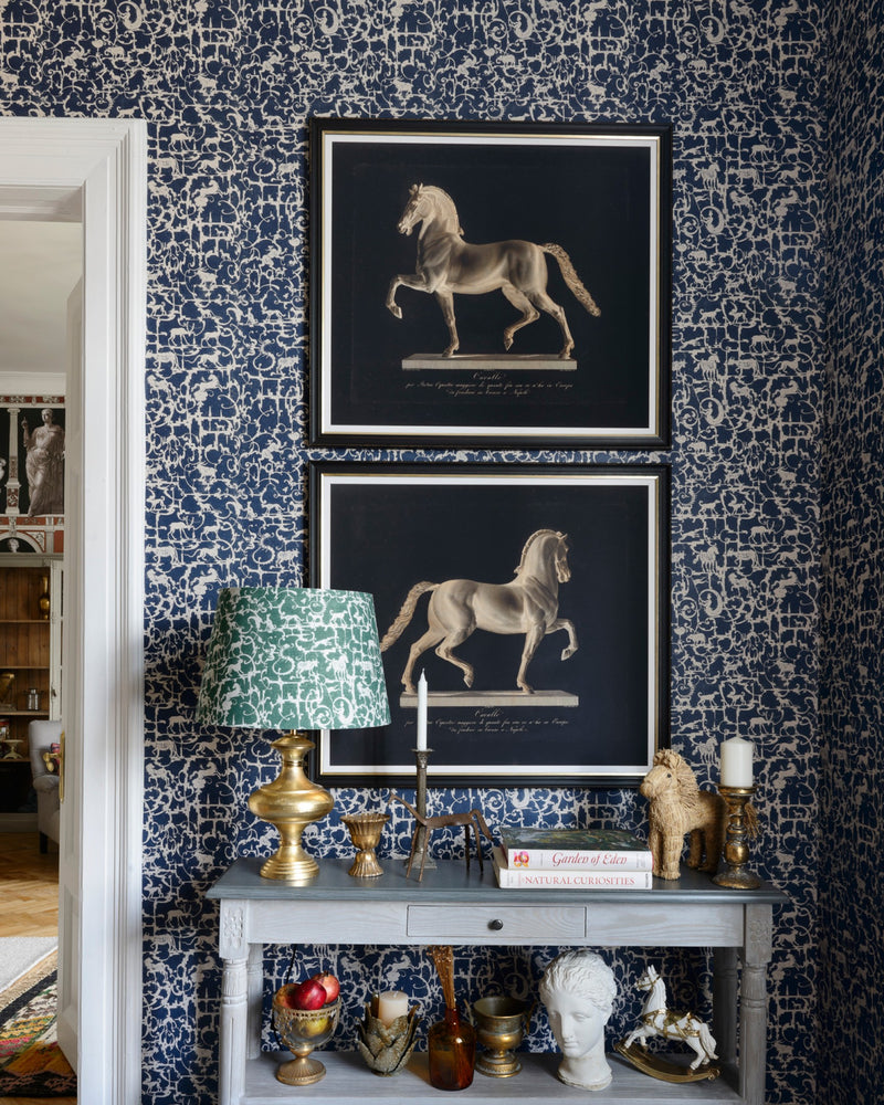 media image for Royal Hunting Wallpaper in Blue and Grey from the Wallpaper Compendium Collection by Mind the Gap 250