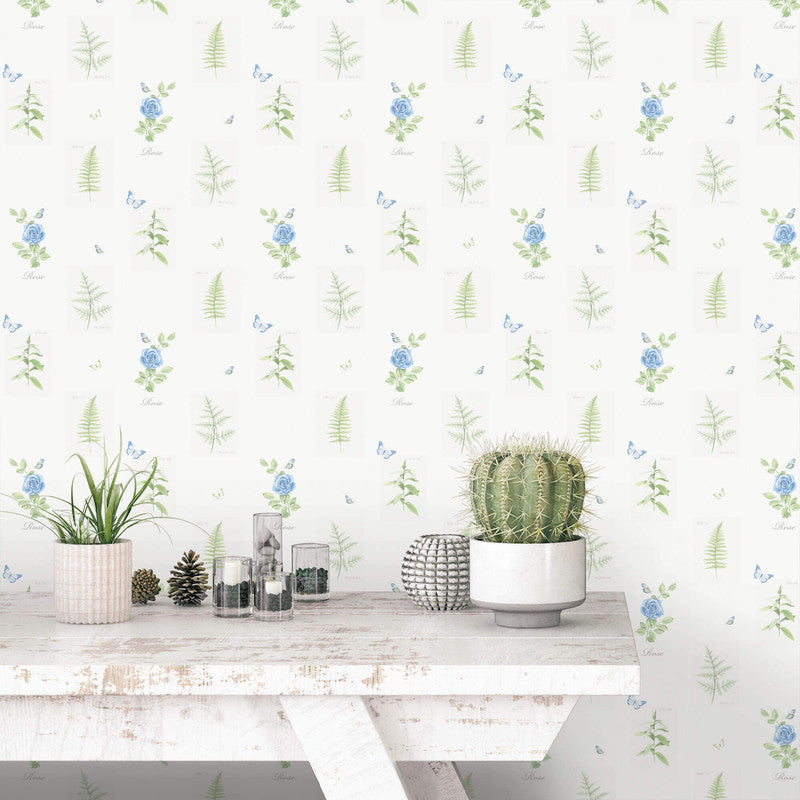 media image for Rose Botanical Motif Wallpaper in Blue 217