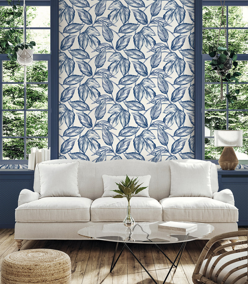 media image for Beckett Sketched Leaves Wallpaper in Blueberry Hill 255