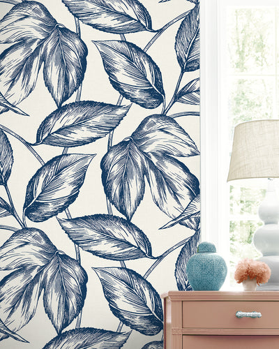 product image for Beckett Sketched Leaves Wallpaper in Blueberry Hill 28