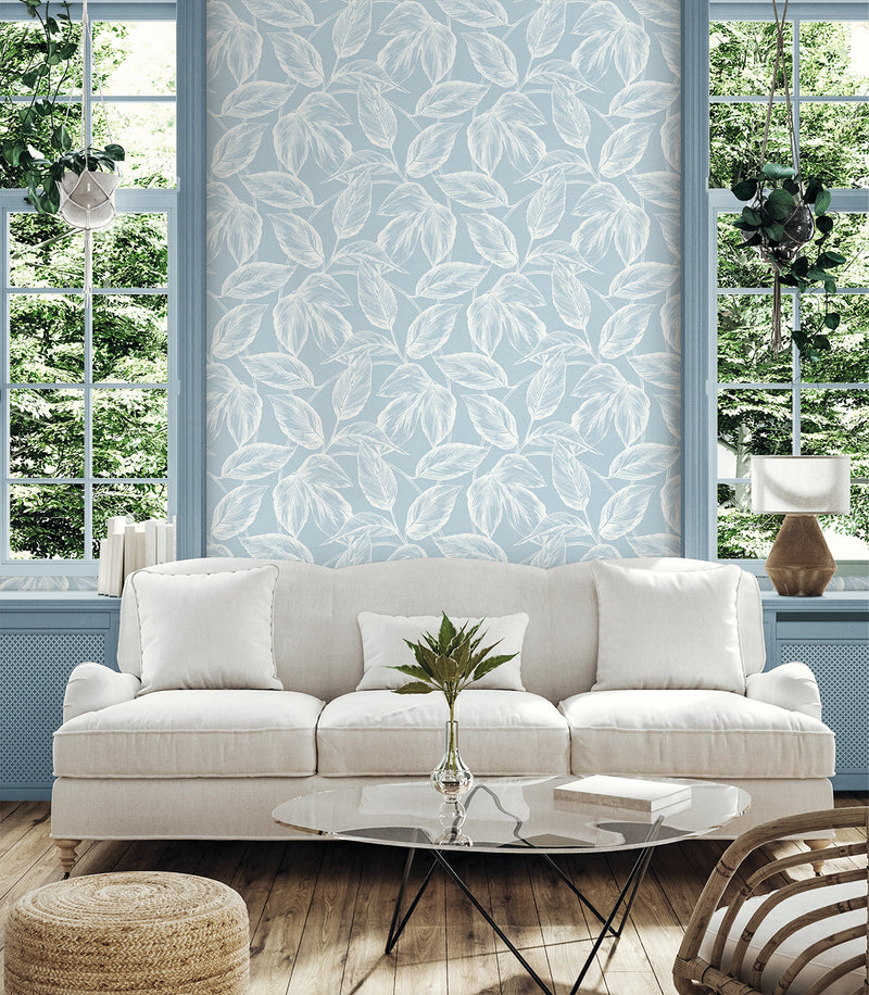 media image for Beckett Sketched Leaves Wallpaper in Baby Blue 29