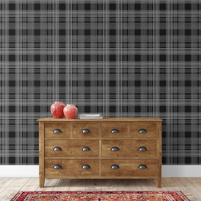 media image for Rad Plaid Peel-and-Stick Wallpaper in Onyx by Stacy Garcia for NextWall 285