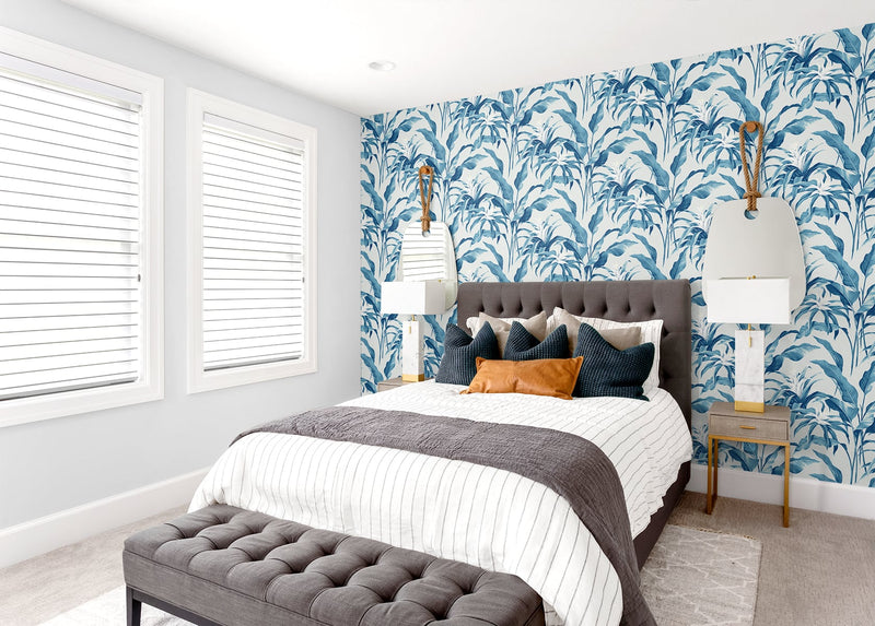 media image for Palma Peel-and-Stick Wallpaper in Blue Lagoon and Grey by Stacy Garcia for NextWall 22