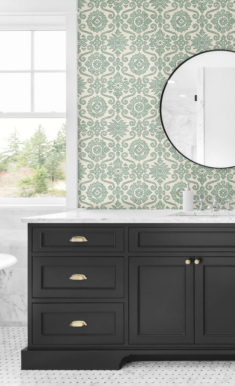 media image for Augustine Peel-and-Stick Wallpaper in Mineral Green by Stacy Garcia for NextWall 260