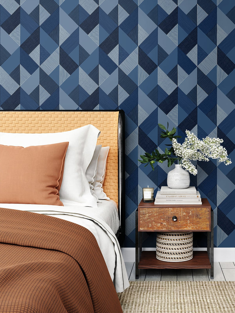 media image for Marquetry Peel-and-Stick Wallpaper in Blue Lagoon by Stacy Garcia for NextWall 26