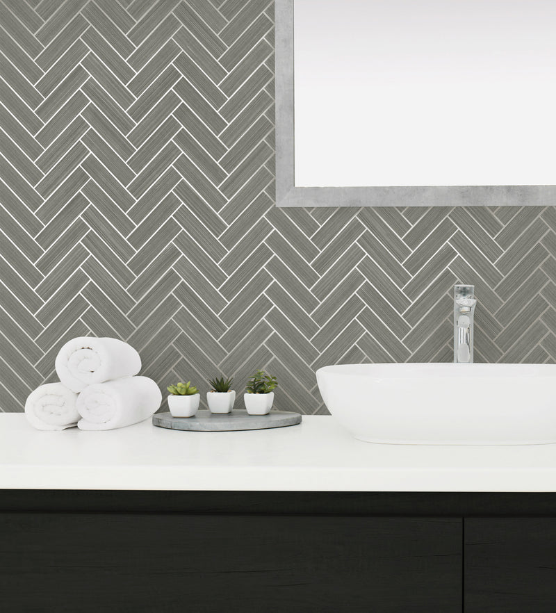 media image for Herringbone Inlay Peel & Stick Wallpaper in Graphite/Silver by Stacy Garcia 256