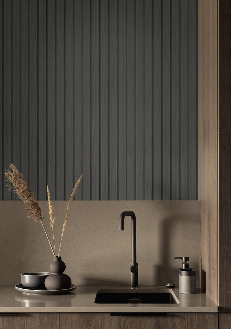 media image for Faux Wooden Slats Peel & Stick Wallpaper in Charcoal by Stacy Garcia 212