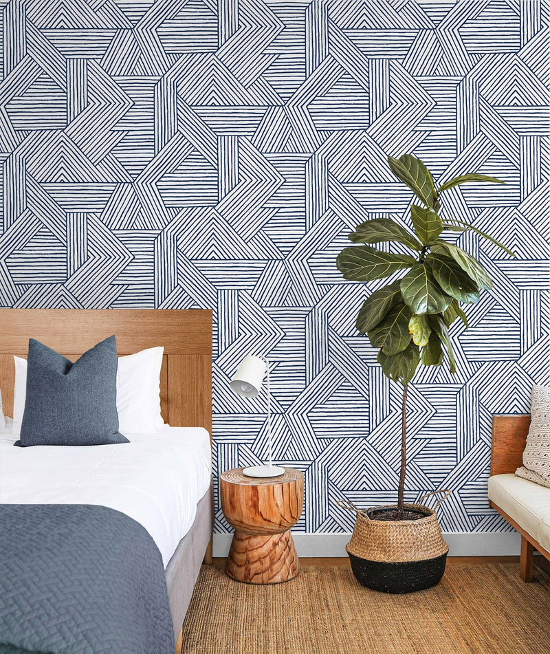 media image for Etched Geometric Peel & Stick Wallpaper in Navy Blue 211
