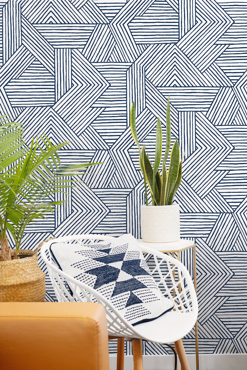 media image for Etched Geometric Peel & Stick Wallpaper in Navy Blue 255