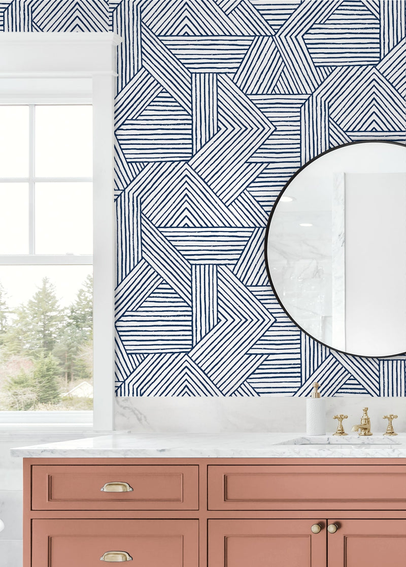 media image for Etched Geometric Peel & Stick Wallpaper in Navy Blue 288