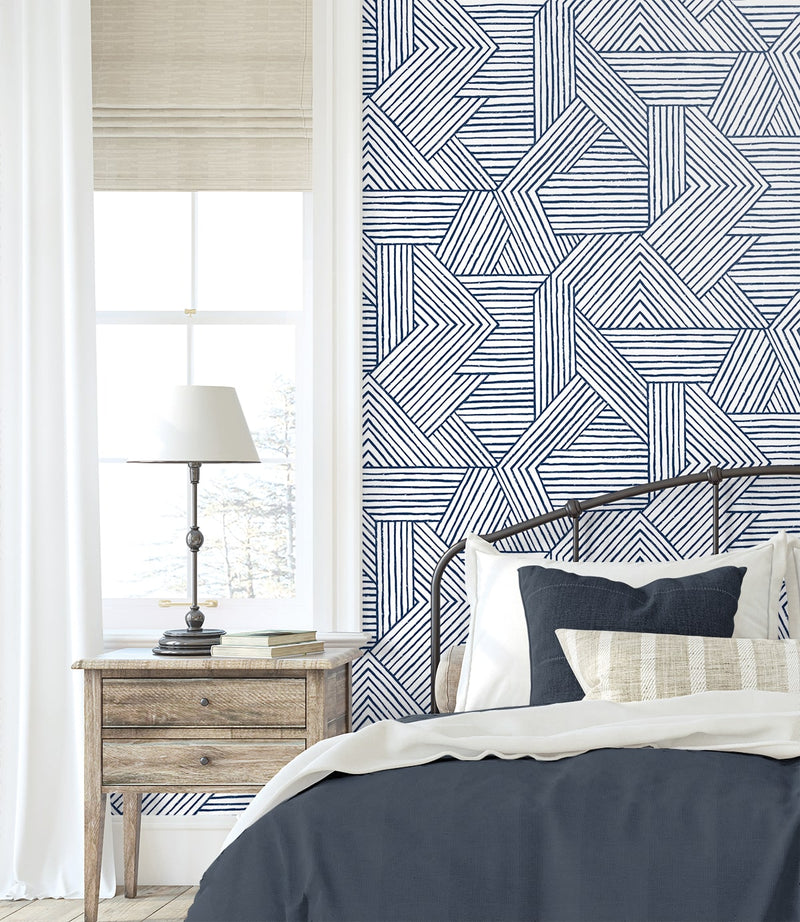 media image for Etched Geometric Peel & Stick Wallpaper in Navy Blue 294