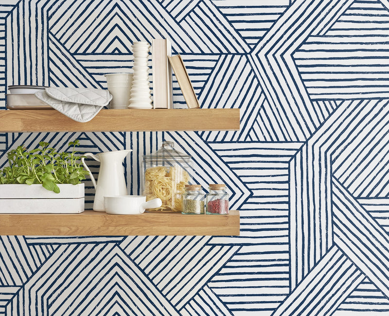 media image for Etched Geometric Peel & Stick Wallpaper in Navy Blue 292