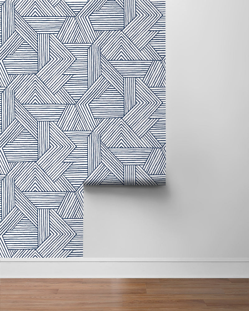 media image for Etched Geometric Peel & Stick Wallpaper in Navy Blue 23