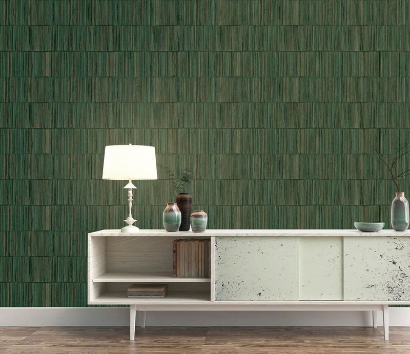 media image for Bamboo Stripe Wallpaper in Dark Green/Gold 286