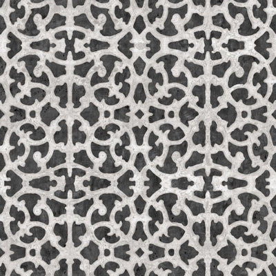 product image of sample scroll gate peel stick wallpaper in black and white by roommates for york wallcoverings 1 527