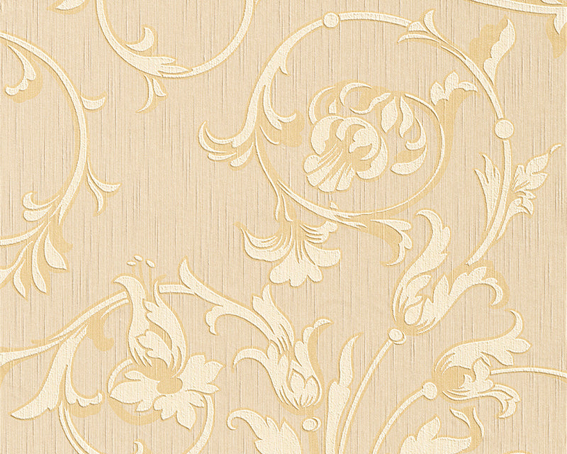 media image for sample scroll leaf and ironwork wallpaper in beige and yellow design by bd wall 1 264