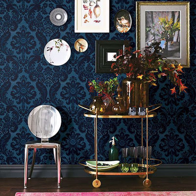 product image of Shadow Damask Wallpaper in Blue from the Moonlight Collection by Brewster Home Fashions 598